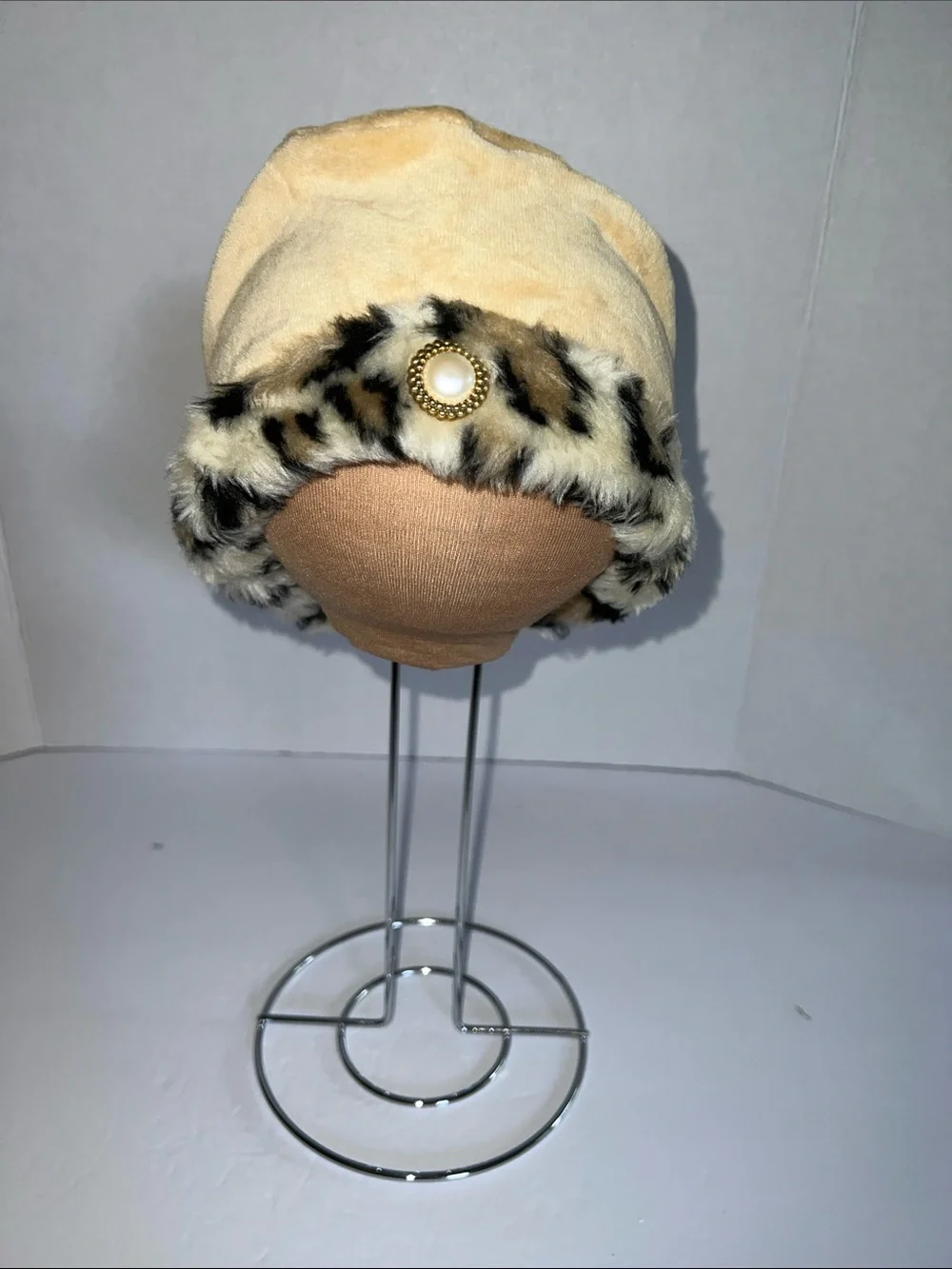 Beige Faux Fur Trim Pearl Button Winter Hat